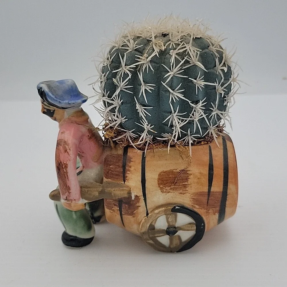 MINI FAKE FAUX PLANT POTS. CACTUS PLANTERS. Vintage Man Pulling Wagon
